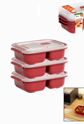 3 PCS KIRMIZI BÖLME DİKDÖRTGEN SAKLAMA KABI SETİ 1200ML (4940)