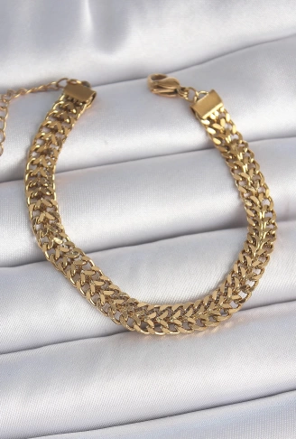 316L Çelik Gold Renk Hasır Zincir Model Kadın Bileklik - Lisinya