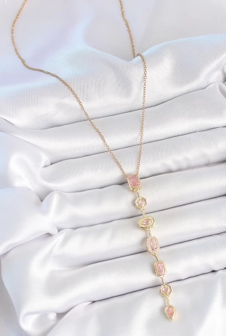 316L Çelik Gold Renk Zincir Pembe Zirkon Taşlı Y Model Dekolte Kadın Kolye - Lisinya