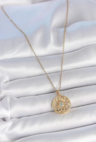 316L Çelik Gold Renk Zincr Mavi Taşlı Lotus Model Kadın Kolye - Lisinya