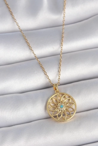 316L Çelik Gold Renk Zincr Mavi Taşlı Lotus Model Kadın Kolye - Lisinya