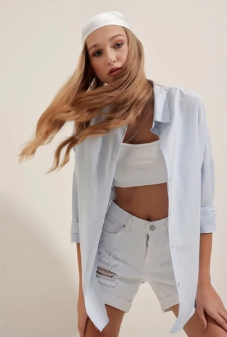 3900 Oversize Uzun Basic Gömlek - Açık Mavi