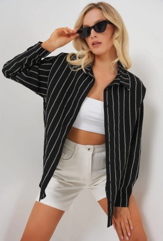 3900 Oversize Uzun Basic Gömlek - C. Siyah