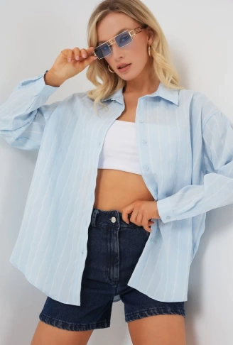 3900 Oversize Uzun Basic Gömlek - C.Mavi