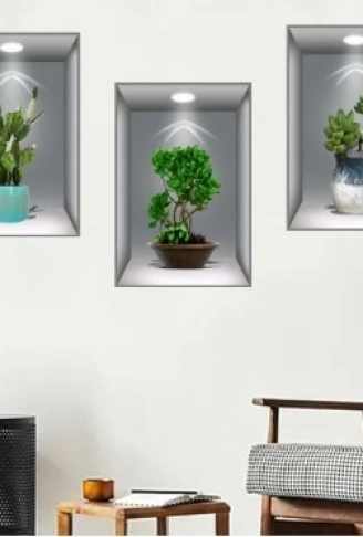 3D Çiçek Vazo Duvar Sticker 3 lü Set GRİ Fon (4940)