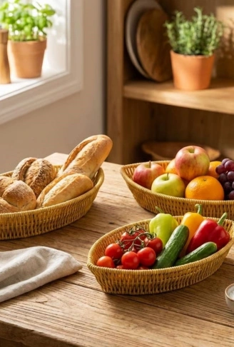 3’lü Kayık Formlu Plastik Rattan Sepet Seti–Hasır Görünümlü Ekmek, Meyve ve Sunum Sepetleri, Çok Amaçlı Masaüstü Organizer (4940)