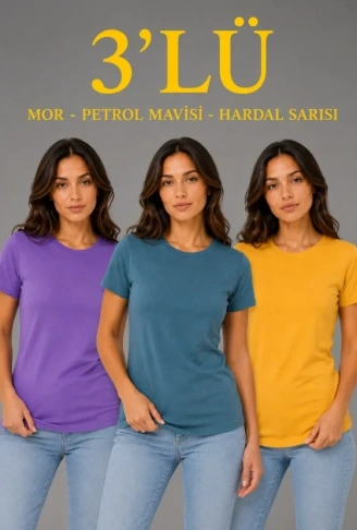 3’lü Kısa Kollu Bisiklet Yaka Basic Slim Fit T-Shirt - Mor - Petrol Mavisi - Hardal