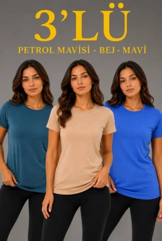 3’lü Kısa Kollu Bisiklet Yaka Basic Slim Fit T-Shirt -Petrol Mavisi  - Bej - Mavi