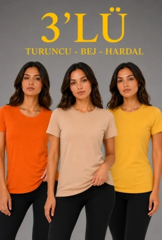 3’lü Kısa Kollu Bisiklet Yaka Basic Slim Fit T-Shirt - Turuncu - Bej - Hardal