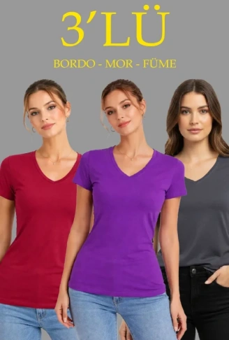 3lü V Yaka Tişört – Kısa Kollu Yazlık Slim Fit Body - Bordo, Mor, Füme