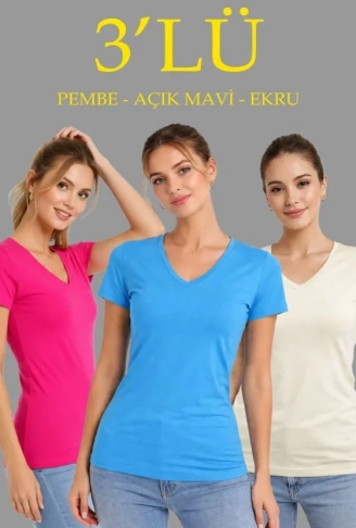 3lü V Yaka Tişört – Kısa Kollu Yazlık Slim Fit Body - Pembe, Açık Mavi, Ekru