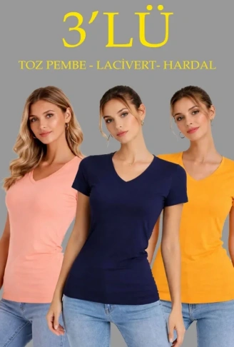 3lü V Yaka Tişört – Kısa Kollu Yazlık Slim Fit Body - Toz Pembe, Lacivert, Hardal