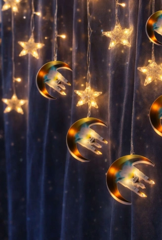 3MT FİŞLİ - EKLEMELİ RAMAZAN DEKOR LAMBA - PERDE LED HİLAL - CAMİ - YILDIZ EKL-09 (4940)