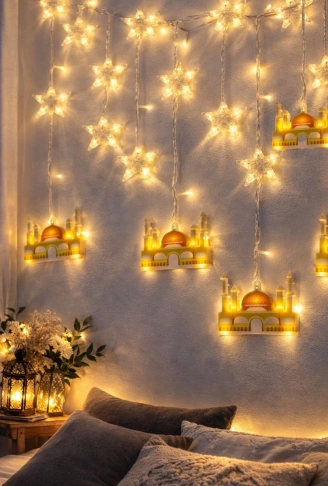 3MT FİŞLİ - EKLEMELİ RAMAZAN DEKOR LAMBA - PERDE LED SARI CAMİ - YILDIZ EKL-09-03 (4940)