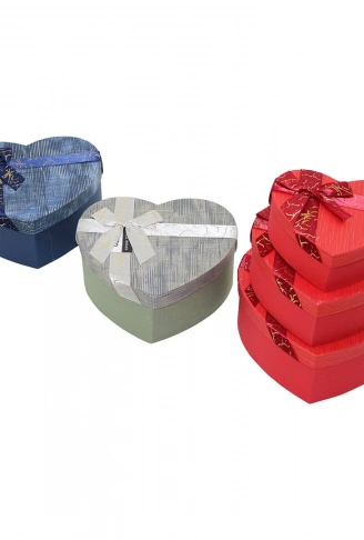 3PCS KALP ÇİZGİLİ MİX RENKLİ - KABARTMA DESEN KARTON HEDİYE KUTUSU KURDELALI 22X20-19X17-16X14CM (4940)