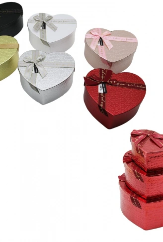3PCS KALP PARLAK MİX RENKLİ - KABARTMA DESEN KARTON HEDİYE KUTUSU KURDELALI 22X20-19X17-16X14CM (4940)