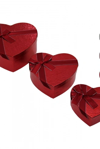 3PCS   KALP  PARLAK RENKLİ - KABARTMA DESEN KARTON HEDİYE KUTUSU KURDELALI  15-18-21CM (4940)