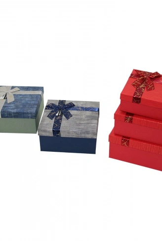 3PCS KARE ÇİZGİLİ MİX RENKLİ KARTON HEDİYE KUTUSU KURDELALI 19-17-15CM (4940)