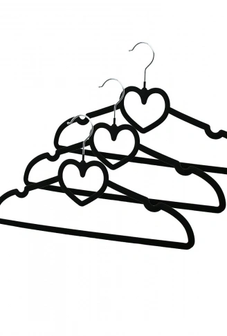 3PCS SİYAH KADİFE KAPLI - KALPLİ PLASTİK ASKI METAL UÇLU (4940)