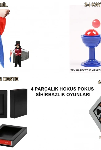 4&apos;lü Sihirbazlık Seti – Hokus Pokus Sihirli Numara Seti-KUPA-MENDİL-DESTE-İSKAMBİL (4940)