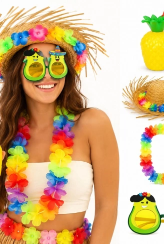 4 Parça Hawaii Parti Seti Ananas Bardak Hasır Şapka Avokado Gözlük Çiçek Kolye (4940)