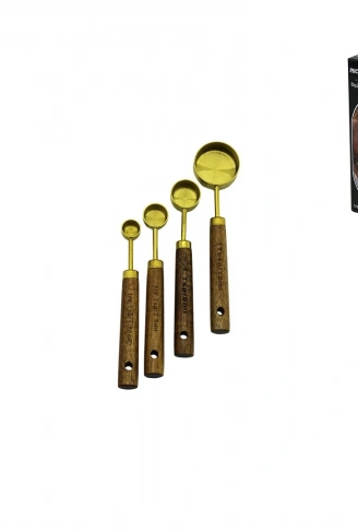 4 PCS GOLD METAL ÖLÇÜ KAŞIK SETİ OTANTİK AĞAÇ KULP 15ML - 5ML - 2.5ML - 1.25ML (4940)