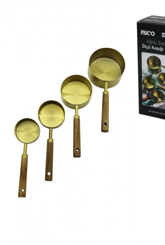 4 PCS GOLD METAL ÖLÇÜ KAŞIK SETİ OTANTİK AĞAÇ KULP 250ML - 125ML - 80ML - 60ML (4940)
