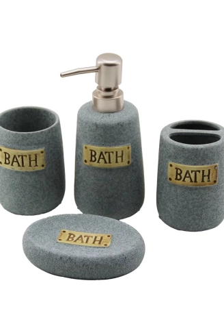 4 PCS GRİ SERAMİK BANYO TEMİZLİK SETİ SIVI - KATI SABUNLUK - DİŞ FIRÇALIK - MACUNLUK (4940)