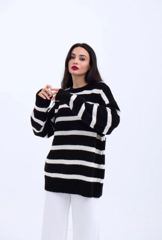 43111 TRİKO ÇİZGİLİ SALAŞ KAZAK-SİYAH-EKRU