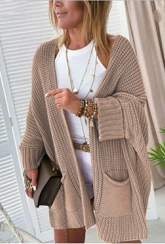 4Oversize Kalıp Cepli Salaş Triko Hırka BEJ