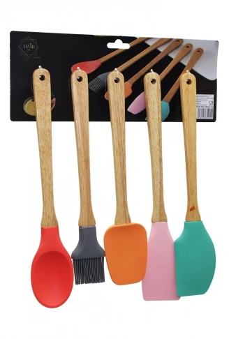 5 PARÇA AHŞAP SAPLI BÜYÜK RENKLİ SİLİKON MUTFAK SET FIRÇA - KAŞIK - SERVİS K. - SPATULA - KARIŞTIRICI (4940)