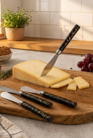 5 PARÇA  UZUN KAHVALTI BIÇAK - SİYAH MERMER DESEN SAPLI 16.5 cm (4940)