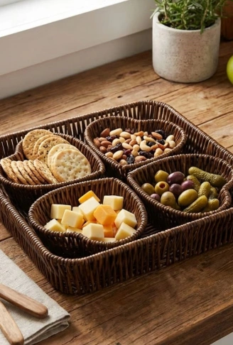 5 Parça,4 Kalp Formlu Plastik Rattan Sunum ve Kahvaltı Seti-Bölmeli Çerezlik ve Meyvelik-Doğal Hasır Görünümlü Tepsi ve Sunum Tabakları (4940)