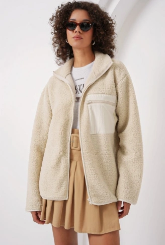 55446 Fermuarlı Oversize Peluş Ceket - Krem