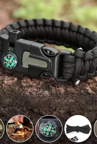 5i 1 Arada Çok Fonksiyonlu Hayatta Kalma Bilekliği Pusula, Düdük, Çakmak Taşı ve Şemsiye İpi Bileklik (4940)