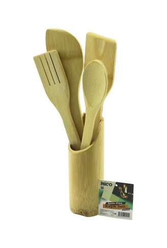 5PCS AHŞAP BAMBU MUTFAK SETİ STAND - KAŞIK - ÇATAL - 2 SPATULA FİLELİ (4940)