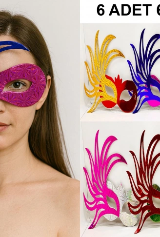 6&apos;lı Renkli Balo Maskesi Seti | Karton &amp;amp; Lastikli (Yetişkin-Çocuk Uyumlu) (4940)