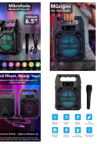 6.5 INC BLUETOOTH WİRELESS MİKROFONLU HOPARLÖR - SPEAKER USB SARJLI AUX - TF - USB PS-1283 (4940)