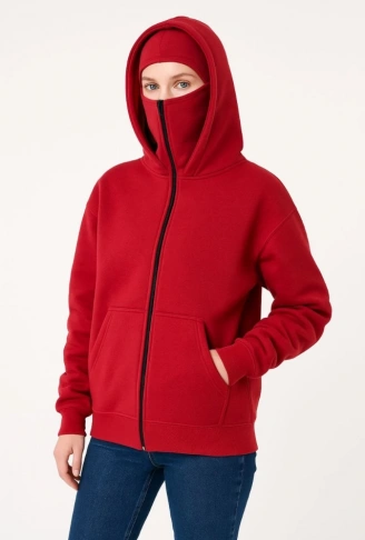 Samuray Ninja Çift Kapüşonlu Hoodie Oversize Kanguru Cepli, Bahar - Kışlık Fermuarlı Sweatshirt- Kırmızı