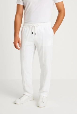 Erkek Keten Pantolon – Cepli, Beli Lastikli Ve Bağcıklı, Nefes Alan Rahat Kalıp, Yazlık Ve Baharlık Günlük Giyim, Şık - Konforlu Boru Paça Model - Beyaz