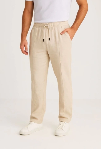 Erkek Keten Pantolon – Cepli, Beli Lastikli Ve Bağcıklı, Nefes Alan Rahat Kalıp, Yazlık Ve Baharlık Günlük Giyim, Şık - Konforlu Boru Paça Model - Bej