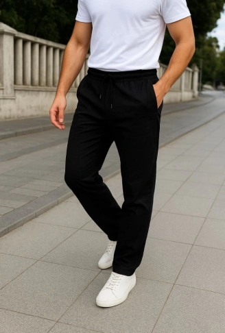 Erkek Keten Pantolon – Cepli, Beli Lastikli Ve Bağcıklı, Nefes Alan Rahat Kalıp, Yazlık Ve Baharlık Günlük Giyim, Şık - Konforlu Boru Paça Model - Siyah