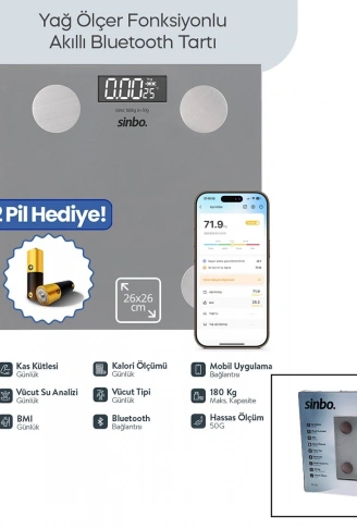 GRİ YAĞ ÖLÇER AKILLI BLUETOOTH CAM BASKÜL PİLLİ 180KG/50GR 26X26CM 8-KİŞİ HAFIZA LCD EKRAN ℃ GÖSTERGE SBS-4473 (4940)