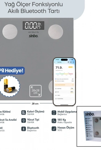 GRİ YAĞ ÖLÇER AKILLI BLUETOOTH CAM BASKÜL PİLLİ 180KG/50GR 28X28CM 8-KİŞİ HAFIZA LCD EKRAN ℃ GÖSTERGE SBS-4469 (4940)