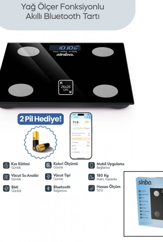 SİYAH YAĞ ÖLÇER AKILLI BLUETOOTH CAM BASKÜL PİLLİ 180KG/50GR 26X26CM 8-KİŞİ HAFIZA LCD EKRAN ℃ GÖSTERGE SBS-4470 (4940)
