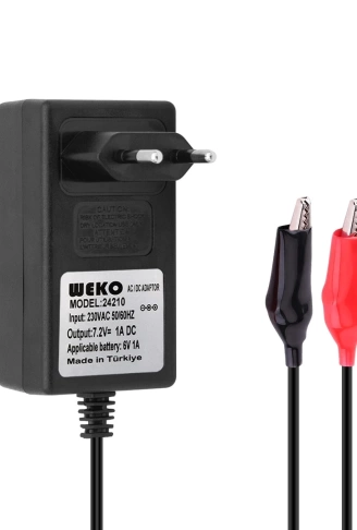 7.2 VOLT - 1 AMPER KROKODİL UÇLU PRİZ TİP KIRMIZI YEŞİL LEDLİ YERLİ ÜRETİM AKÜ ŞARJ ADAPTÖRÜ (OUT:6V1A) (4940)