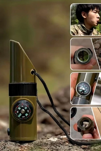 7si 1arada Acil Durum Düdüğü,El Feneri, Termometre,Pusula,Büyüteç,Depolama Bölmeli Kampçı Düdüğü (4940)