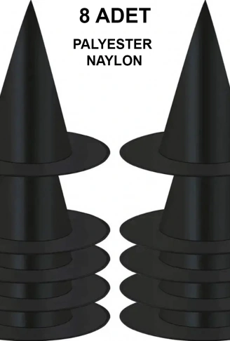 8 Adet Siyah Cadı Şapkası – Yetişkin &amp;amp; Çocuk Kostüm Aksesuarı (4940)