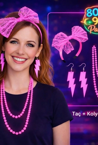 80’ler 90’lar Neon Pembe Parti Seti – Kolye Küpe Taç (4940)