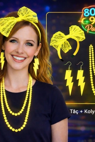 80’ler 90’lar Neon Sarı Parti Seti – Kolye Küpe Taç (4940)
